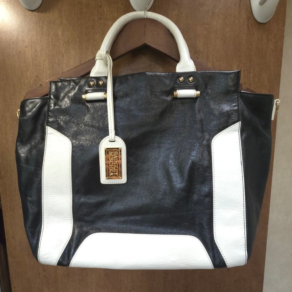 Badgley Mischka Black White‎ Leather Colorblock Tote Bag Gold Hardware Handbag